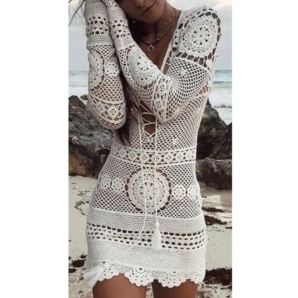 Missguided | Crochet Lace Up Mini Dress Coverup - Picture 5 of 16